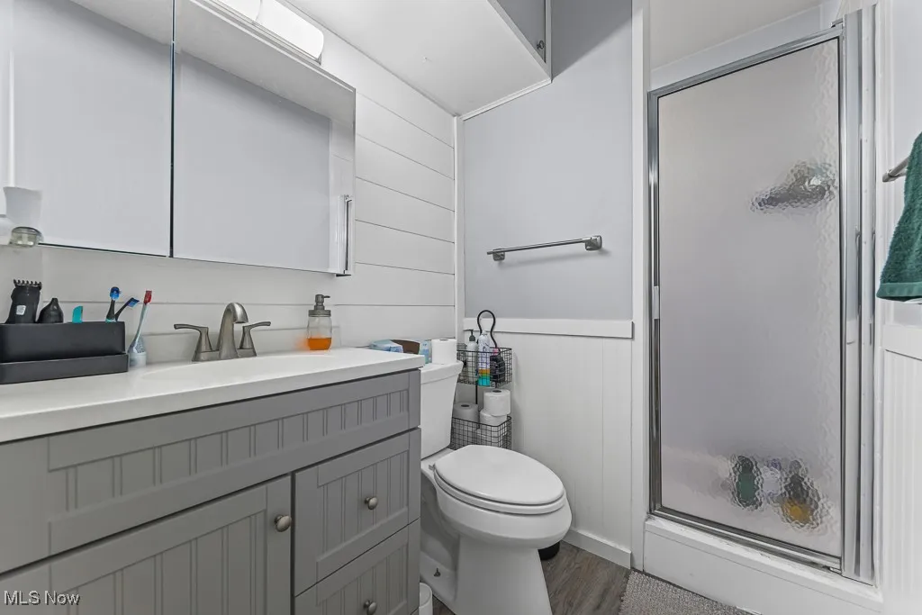 Full bathroom featuring a shower stall, vanity, wooden walls, and dark wood-style floors
