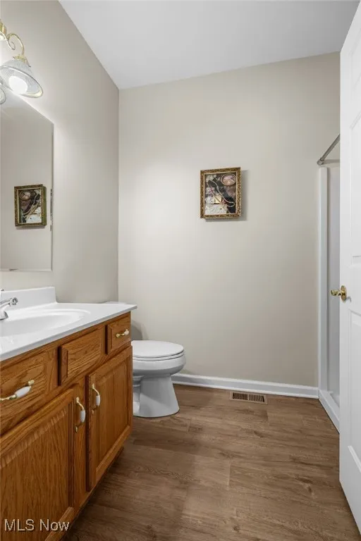 Bathroom featuring vanity, dark wood-style flooring, and a shower