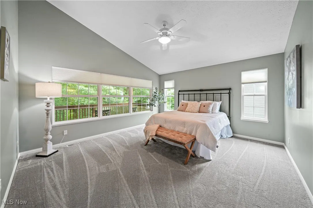 huge master bedroom on the first floor with great views of the wooded yard overlooking a private wood deck.