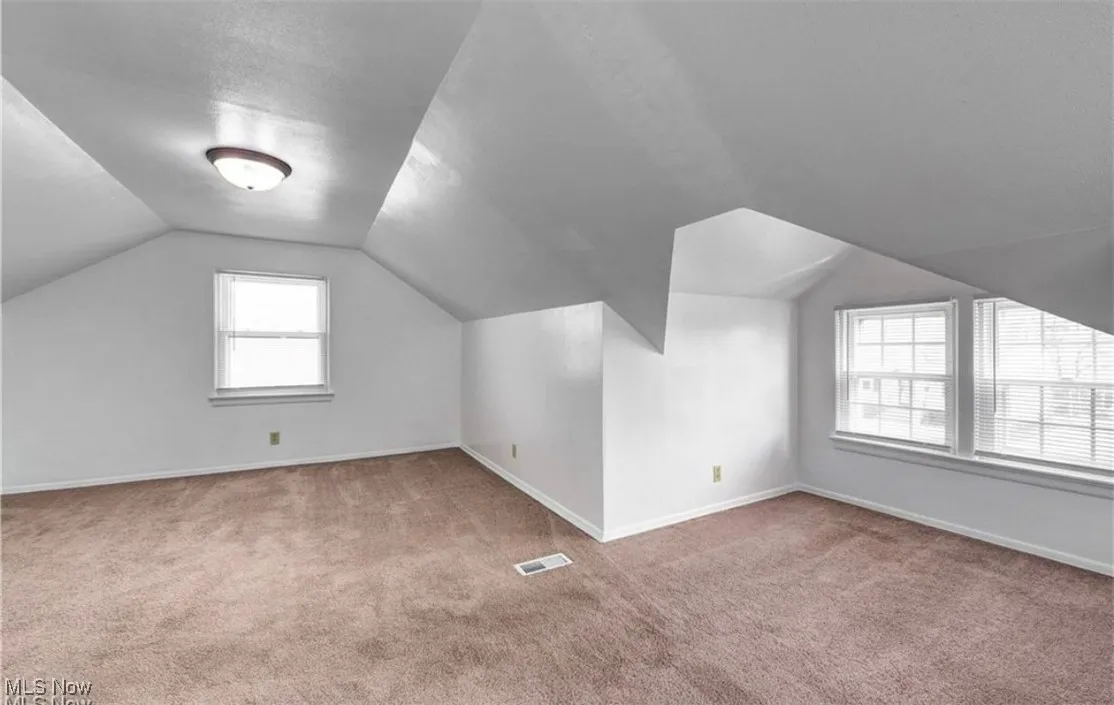 Additional living space featuring vaulted ceiling, light colored carpet, and a textured ceiling