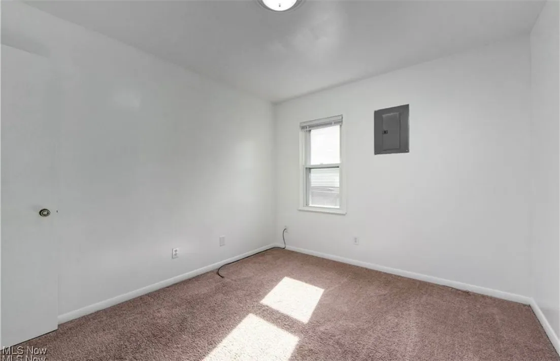 Carpeted spare room with electric panel and baseboards