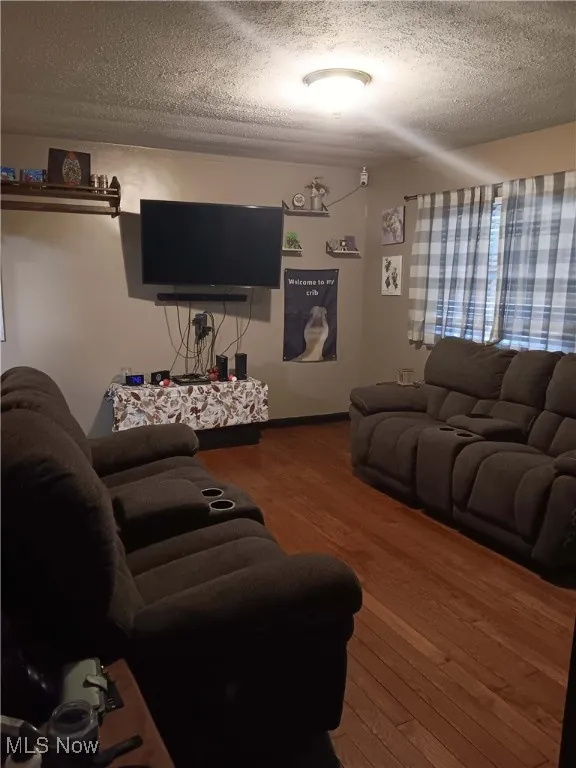 Living room featuring wood-type flooring and a textured ceiling