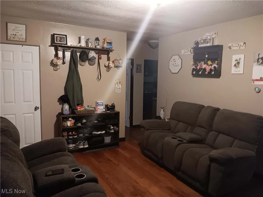 Living room featuring dark wood-style flooring and a textured ceiling