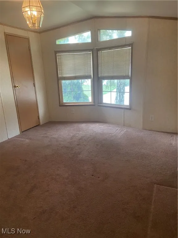 Empty room featuring healthy amount of natural light, carpet floors, and vaulted ceiling