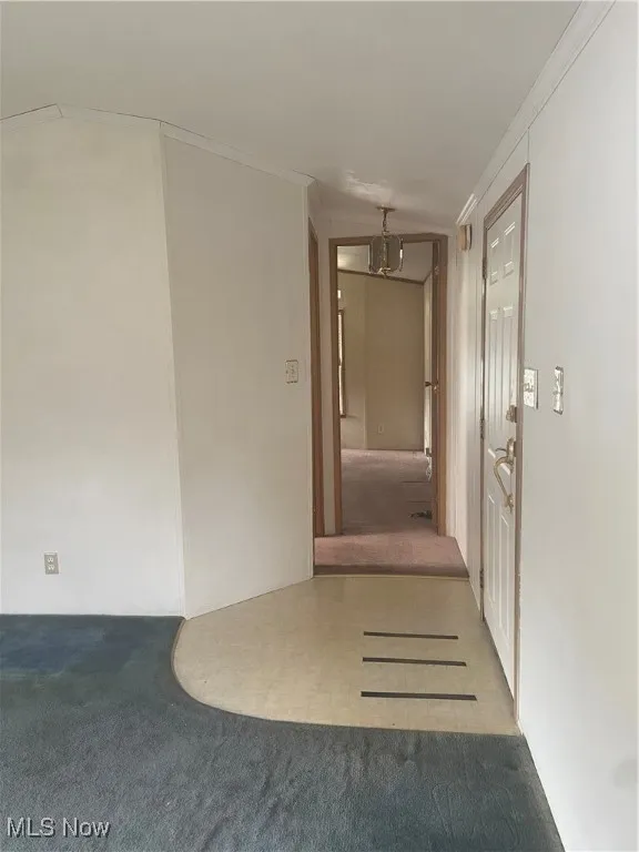 Corridor with carpet floors, ornamental molding, and a chandelier