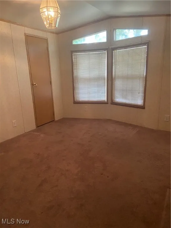 Carpeted spare room featuring vaulted ceiling