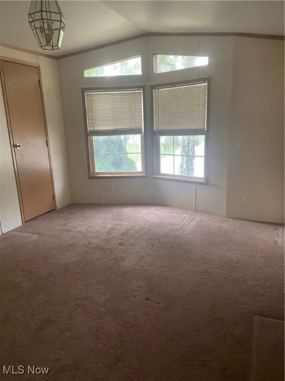 Carpeted spare room featuring vaulted ceiling