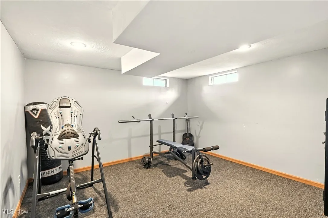Exercise room with baseboards and carpet flooring