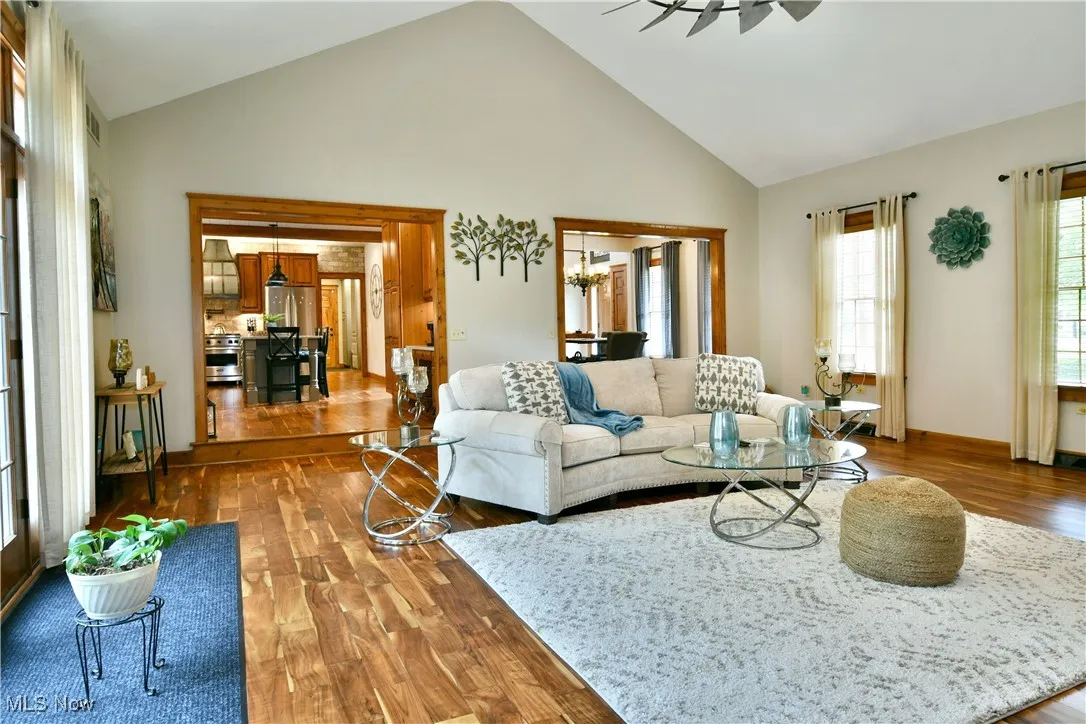 Living area featuring wood finished floors, high vaulted ceiling, and ceiling fan
