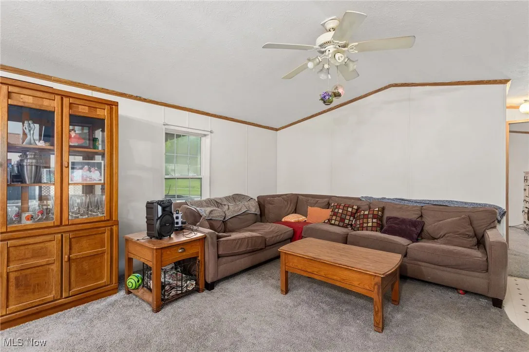 Living area featuring light carpet, lofted ceiling, a textured ceiling, a ceiling fan, and crown molding
