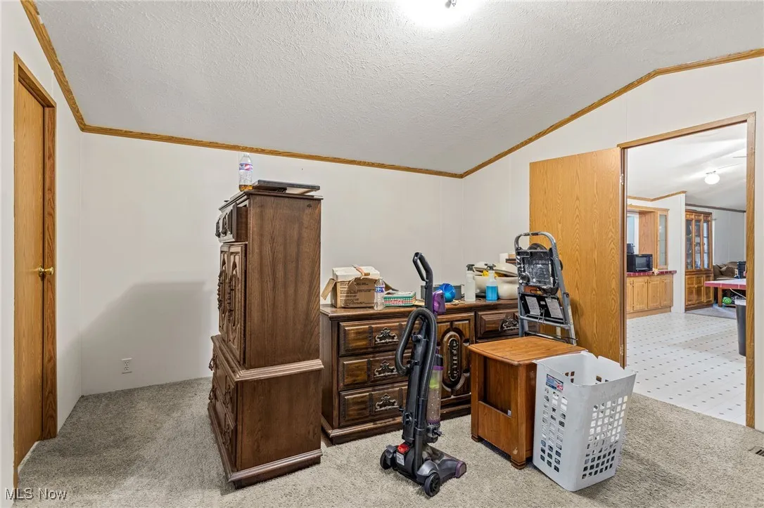 Office area featuring light colored carpet, a textured ceiling, lofted ceiling, and crown molding