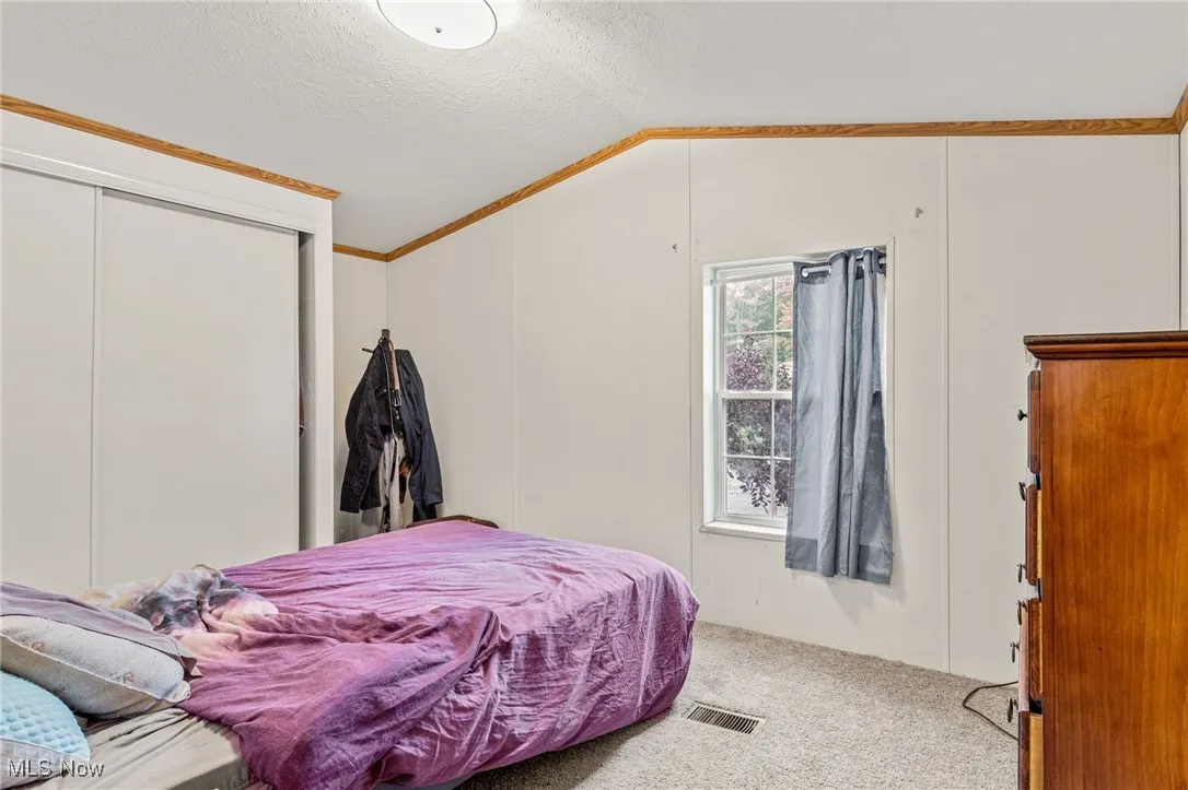 Bedroom featuring carpet flooring, a textured ceiling, lofted ceiling, a closet, and crown molding
