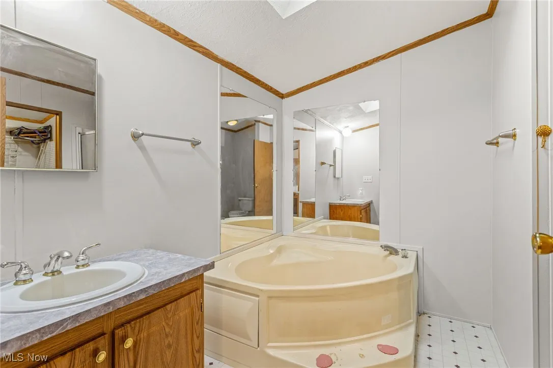 Bathroom with ornamental molding, two vanities, a garden tub, vaulted ceiling, and a skylight