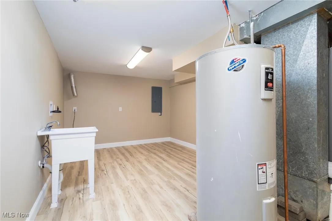 Utilities featuring water heater and electric panel