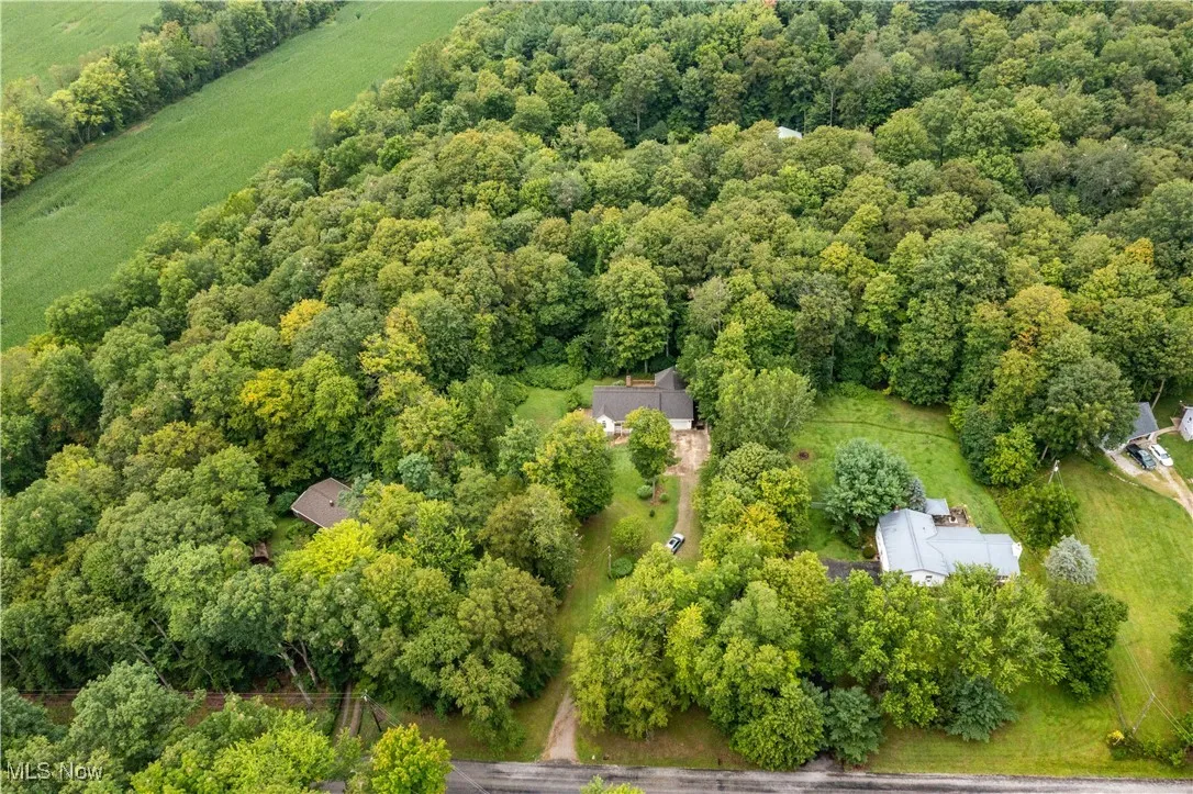 Aerial view of a heavily wooded area