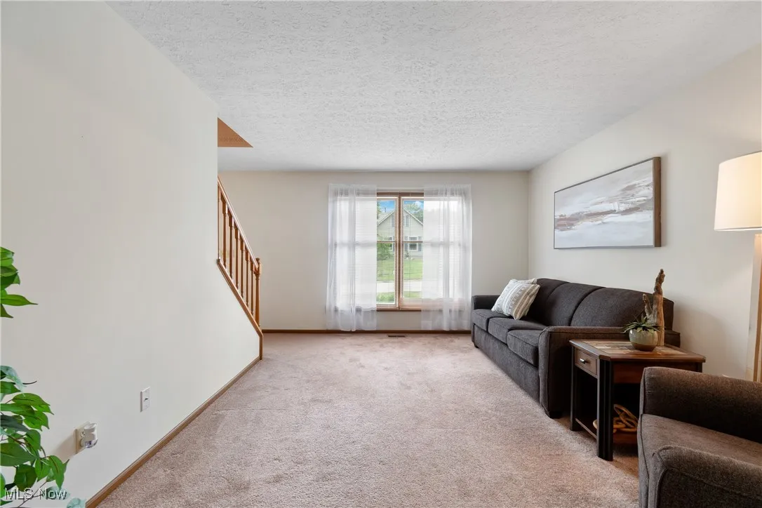 Living room featuring light carpet and a textured ceiling