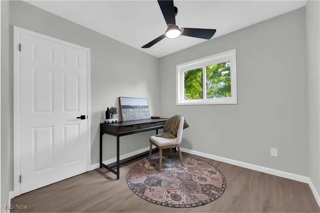 Office space with wood finished floors and a ceiling fan