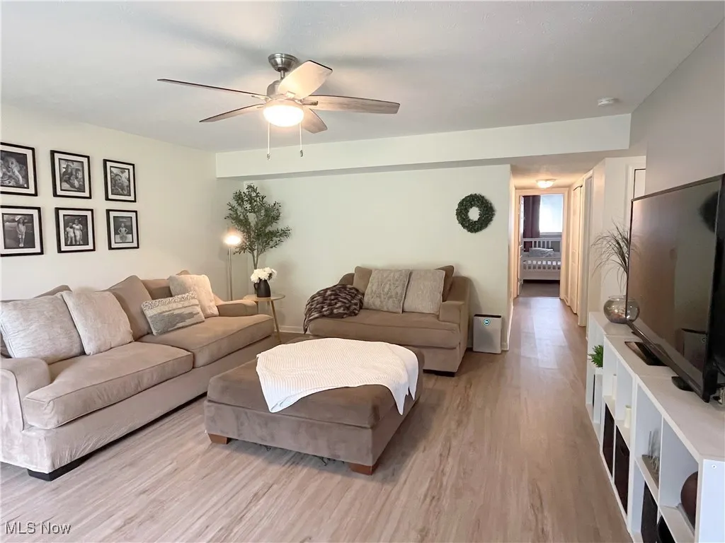 Living area featuring light wood-style flooring and a ceiling fan