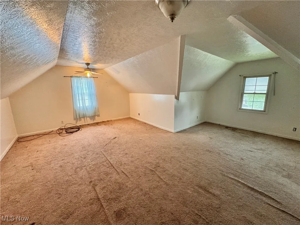 Additional living space featuring a textured ceiling, carpet floors, and lofted ceiling