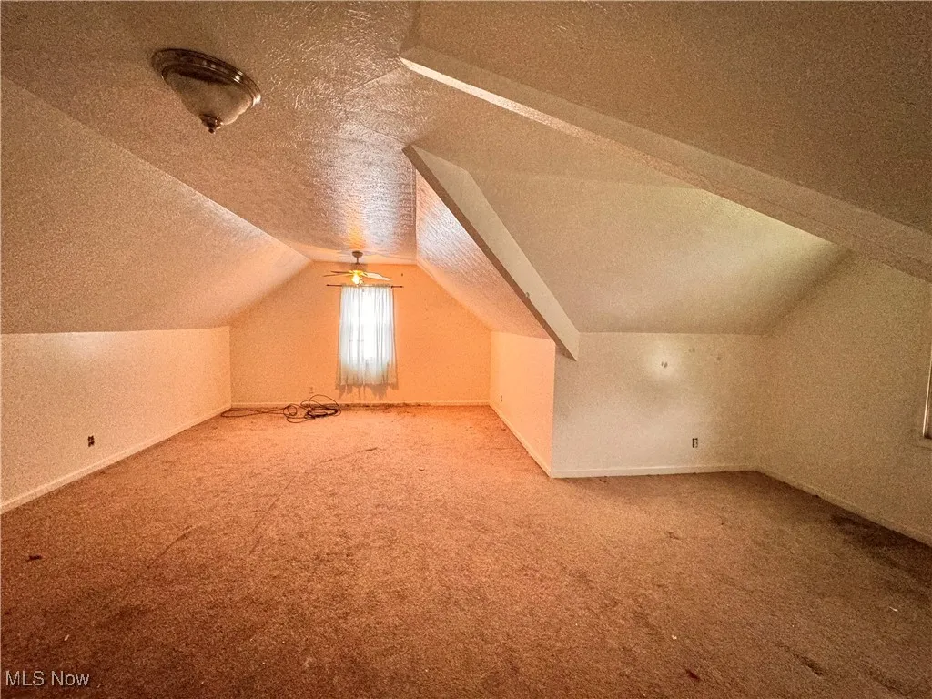 Bonus room with a textured ceiling, carpet, and lofted ceiling