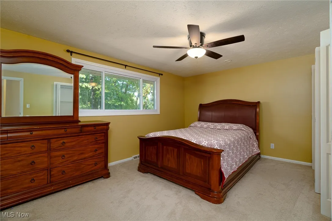 Primary bedroom featuring light carpet, ceiling fan, and a window