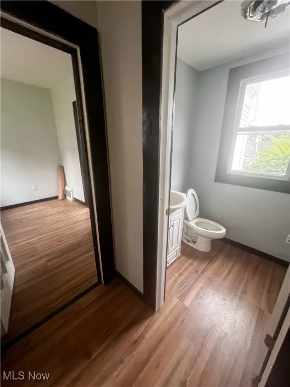 Bathroom with wood finished floors and vanity