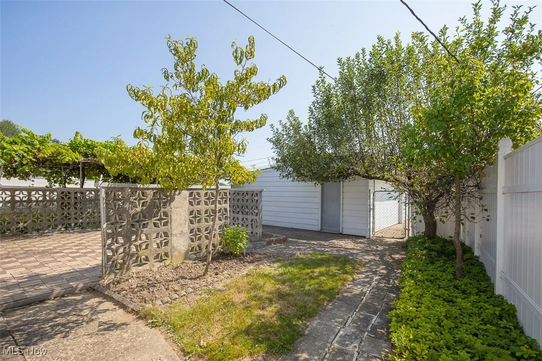 Patio and walkway to garage flanked by fruit trees.
