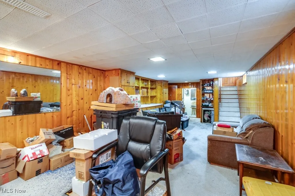 Basement living area featuring wood walls and carpeted floor
