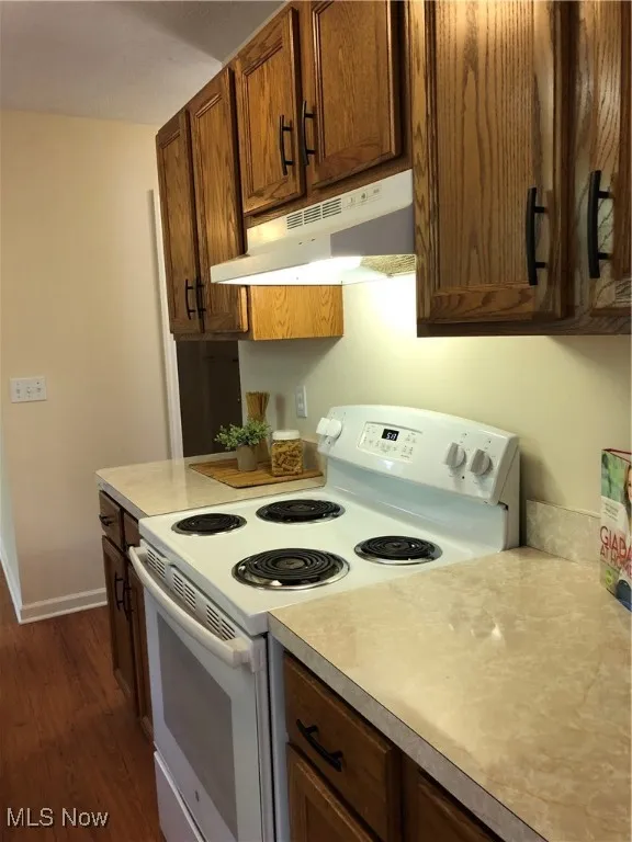 Kitchen with white range, extractor fan, dark wood-type flooring, and light countertops