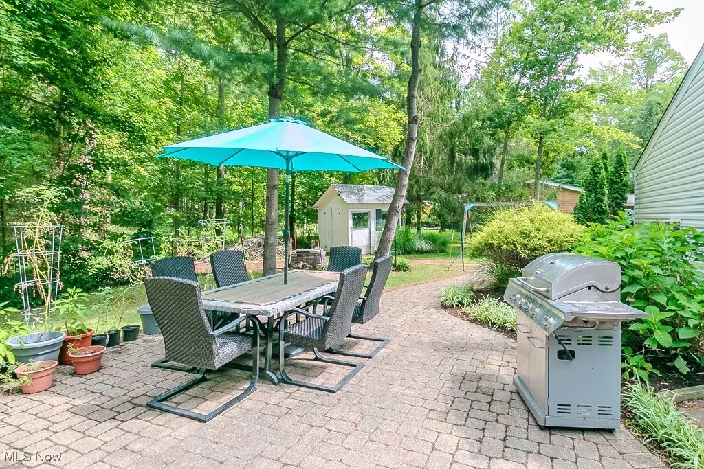 View of patio / terrace with outdoor dining space, area for grilling, a storage shed, and view of scattered trees