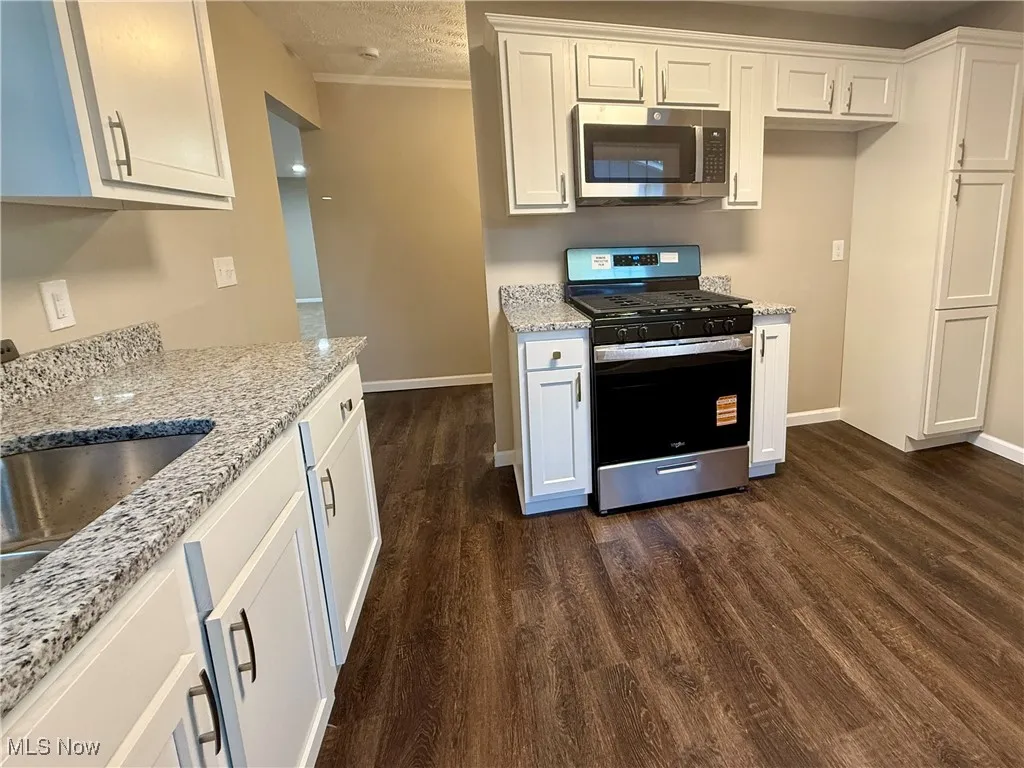 Kitchen with stainless steel appliances, white cabinetry, dark wood-style floors, light stone counters, and a textured ceiling