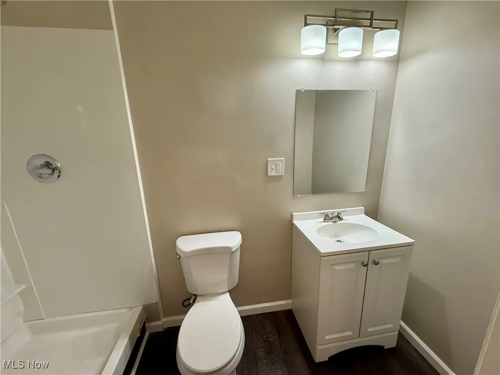Bathroom with vanity, dark wood-type flooring, and a shower