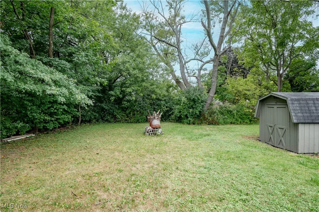 View of green lawn featuring a storage unit and view of scattered trees