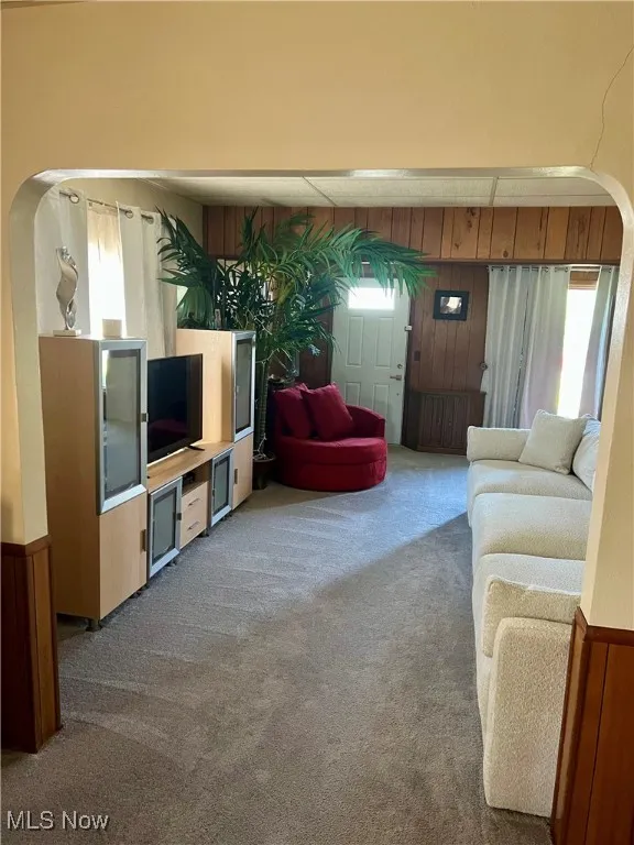 Living area featuring arched walkways, wooden walls, and carpet