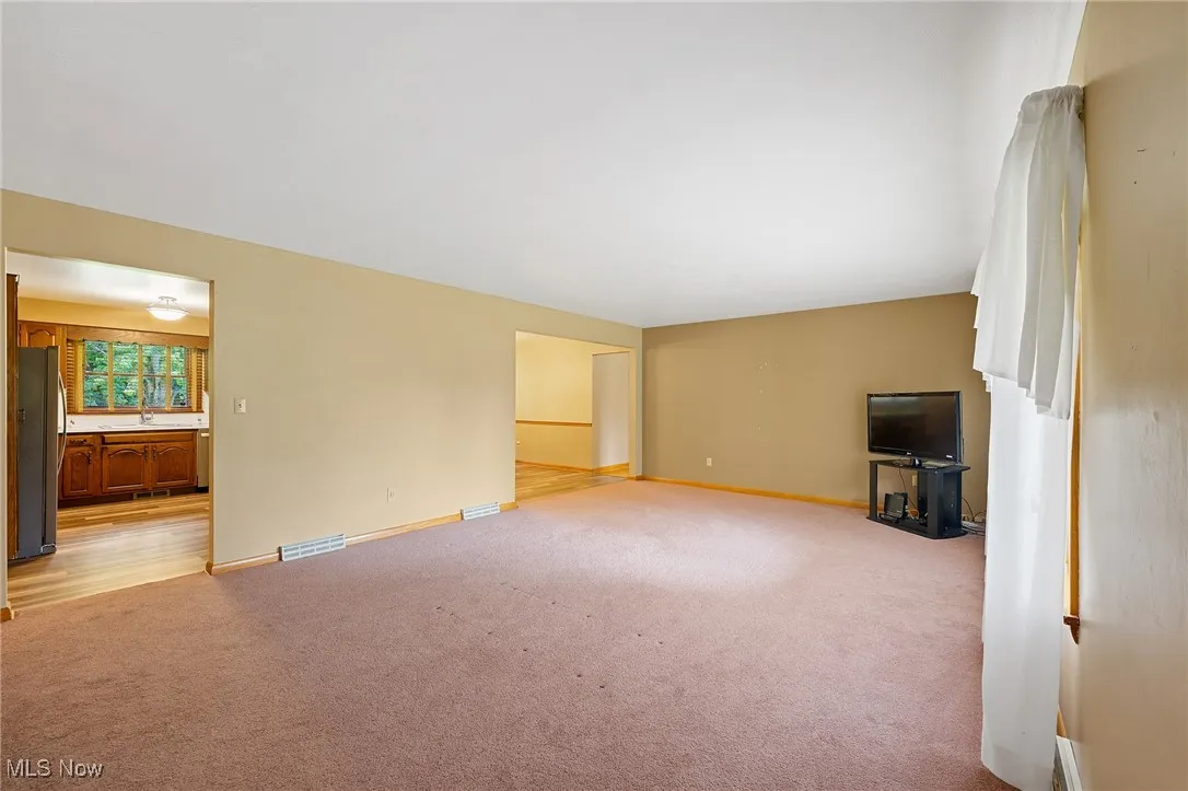 Unfurnished living room featuring light colored carpet and baseboards