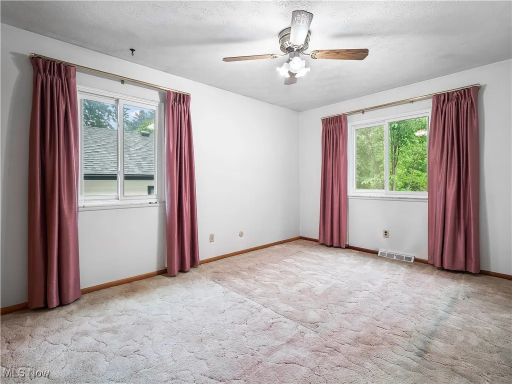 Unfurnished room with healthy amount of natural light, light carpet, a textured ceiling, and a ceiling fan
