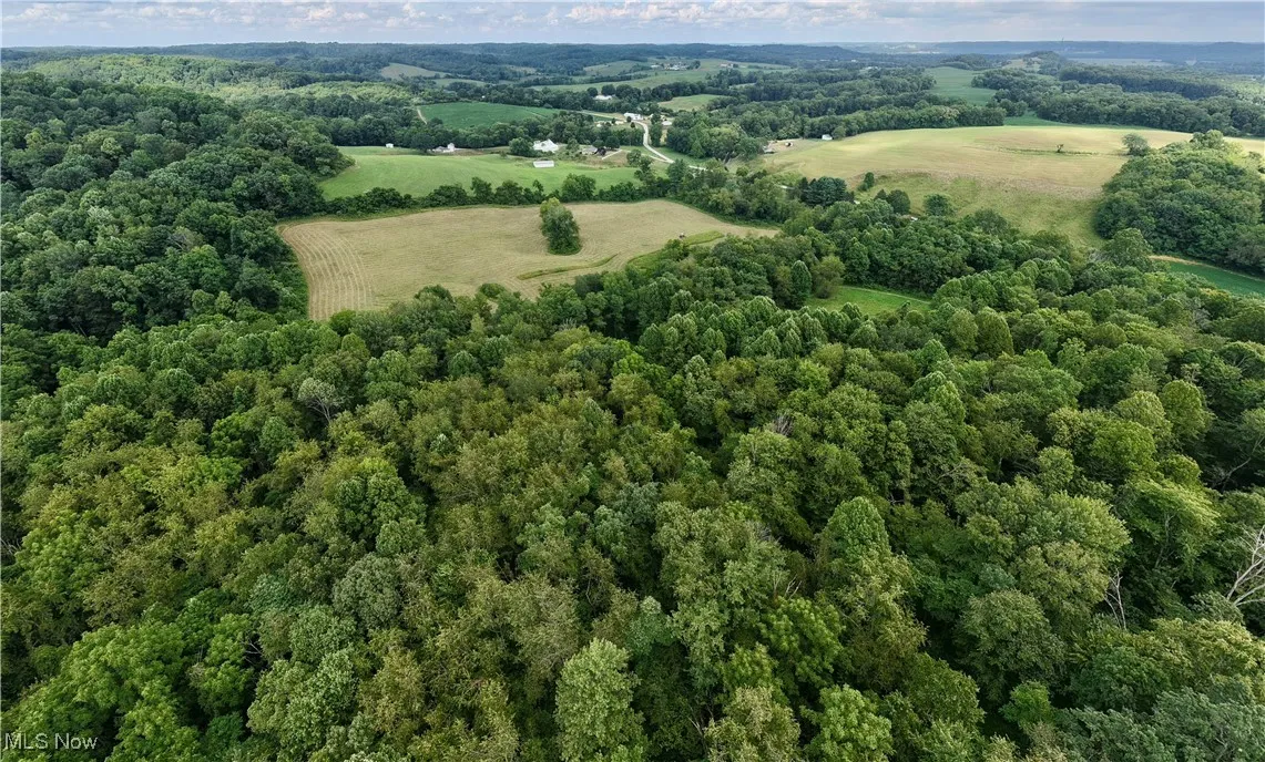 Aerial overview of property's location with a heavily wooded area and rural landscape