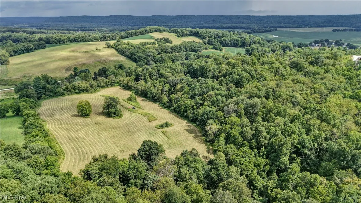 Overview of rural landscape with abundant farmland and a heavily wooded area