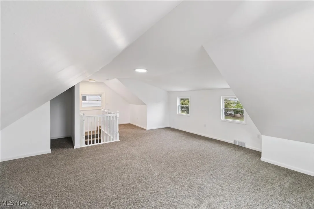 Bonus room with vaulted ceiling, light carpet, and plenty of natural light