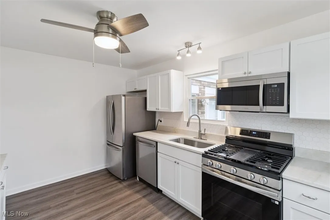 Kitchen featuring stainless steel appliances, white cabinetry, and decorative backsplash