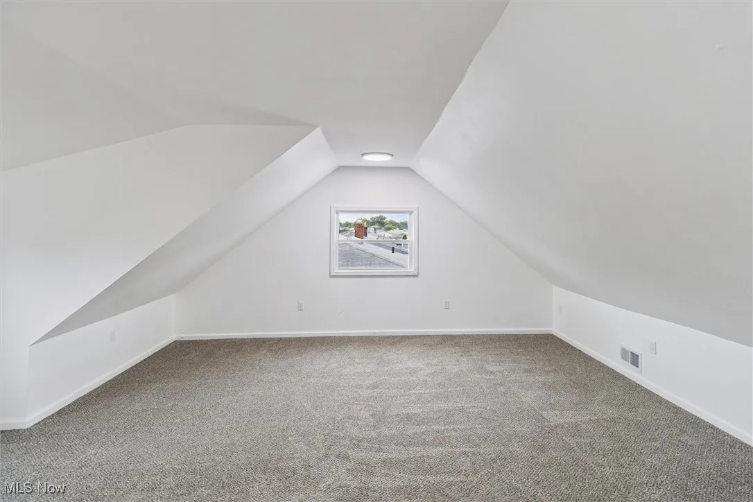 Additional living space featuring lofted ceiling and light carpet