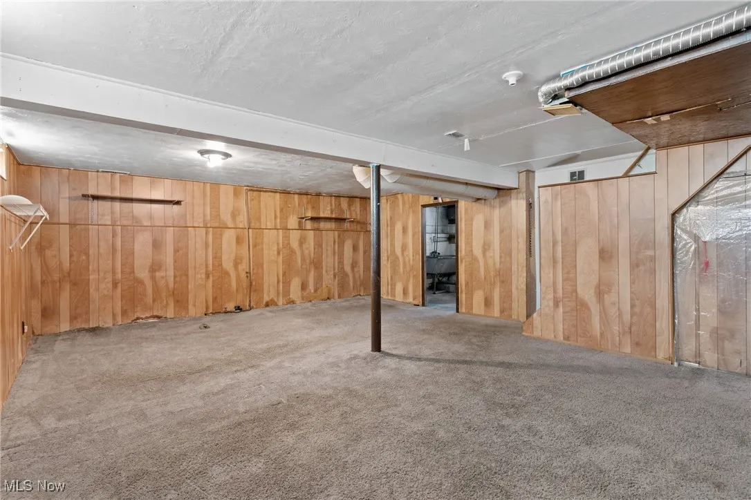 Finished basement with wooden walls, carpet, and a textured ceiling