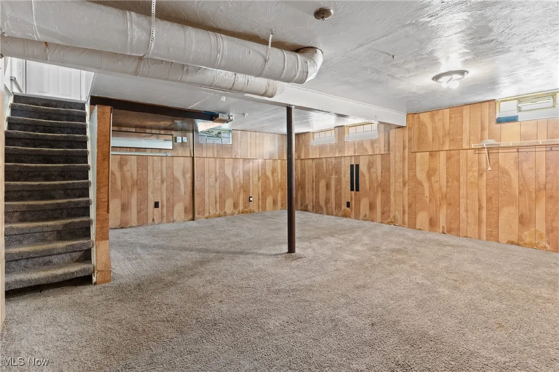 Basement with wood [aneled walls, carpet floors.