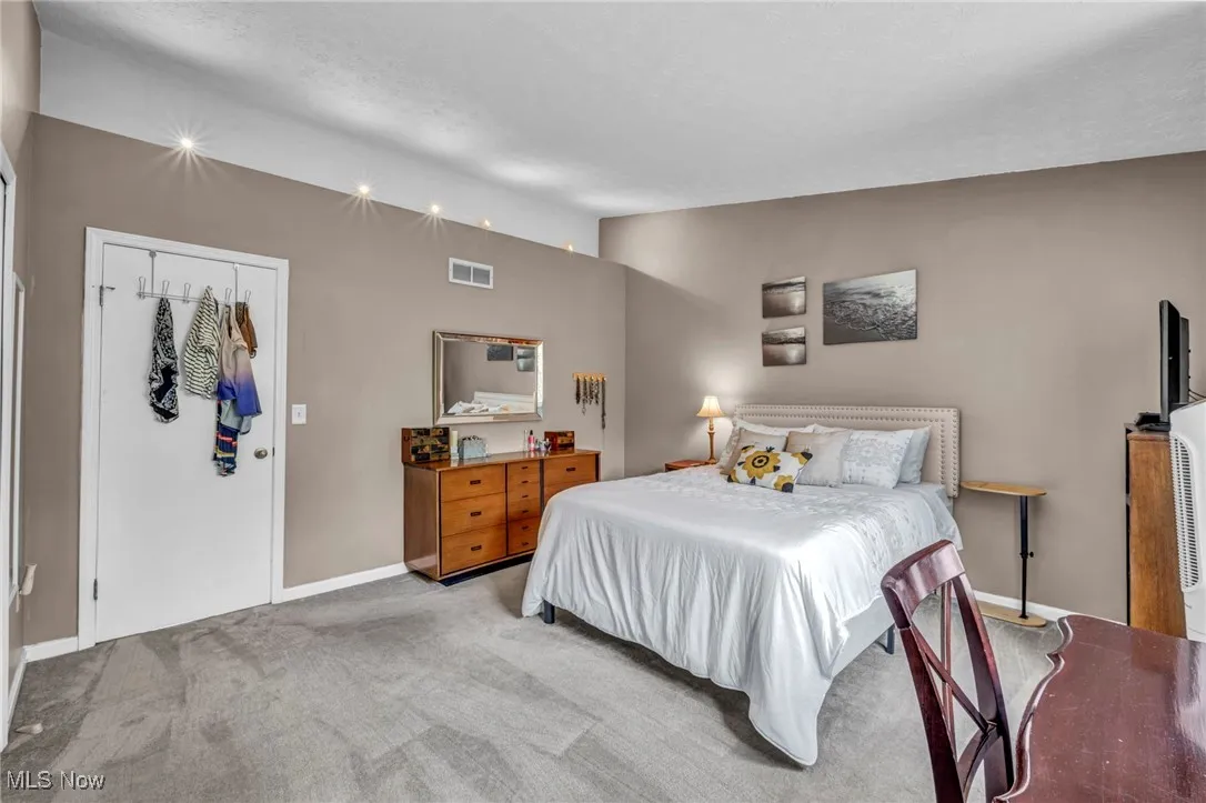 Owners Bedroom featuring vaulted ceiling, carpet