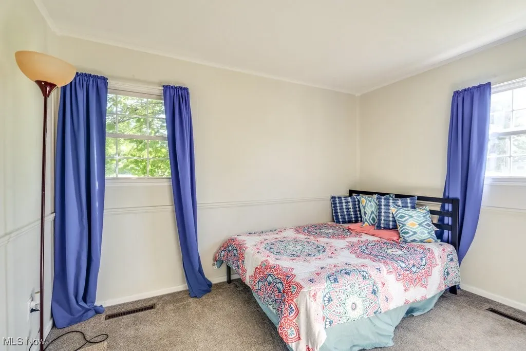 Carpeted bedroom with crown molding and baseboards