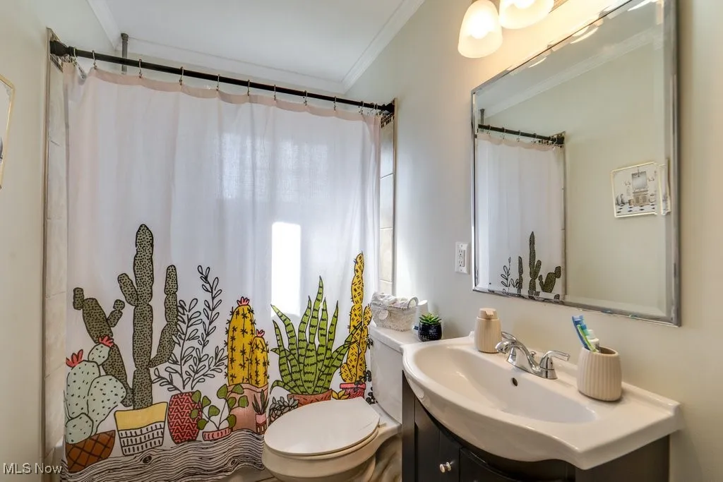 Bathroom featuring vanity and crown molding