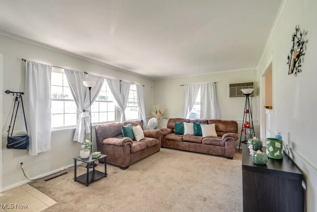 Carpeted living area featuring ornamental molding and a wall mounted air conditioner