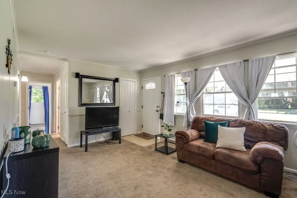Carpeted living room with crown molding