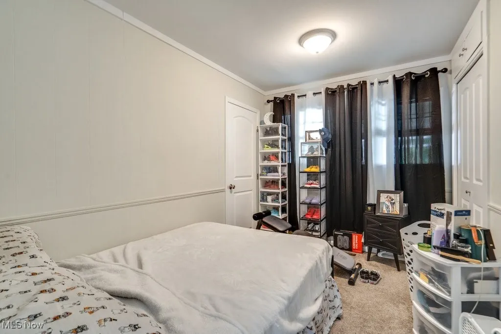 Bedroom featuring light carpet and ornamental molding