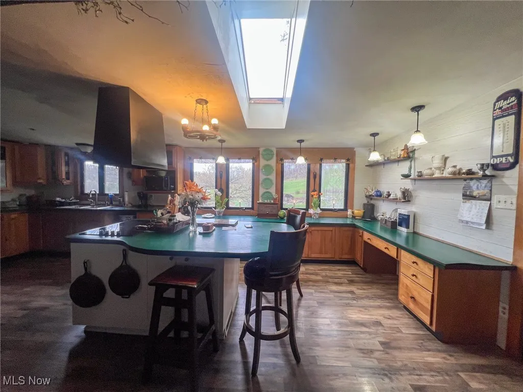 Kitchen with dark countertops, a skylight, dark wood finished floors, and decorative light fixtures